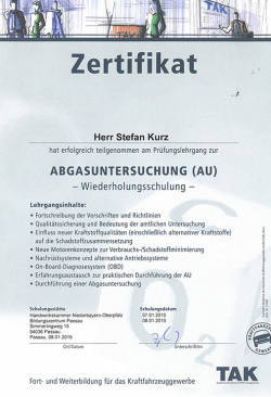 Zertifikat zur Abgasuntersuchung