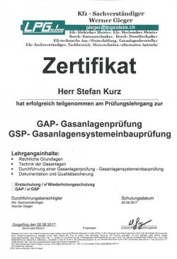 Zertifikat zur Gasanlagenprüfung