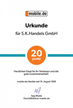 Urkunde 20 Jahre Händler bei mobile.de