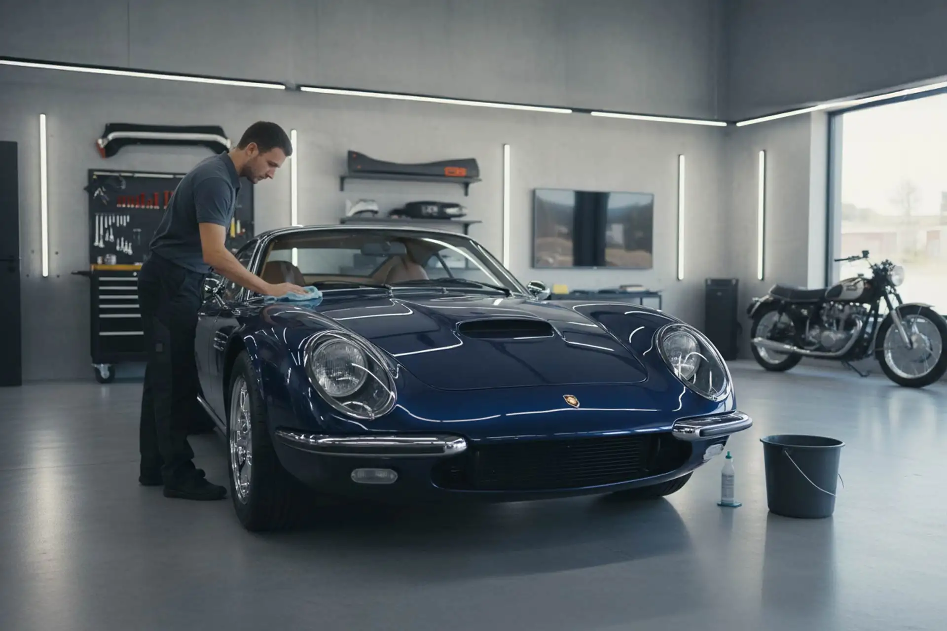 Zum Werterhalt eines Fahrzeugs ist die Pflege unerlässlich Mann pflegt sein Auto